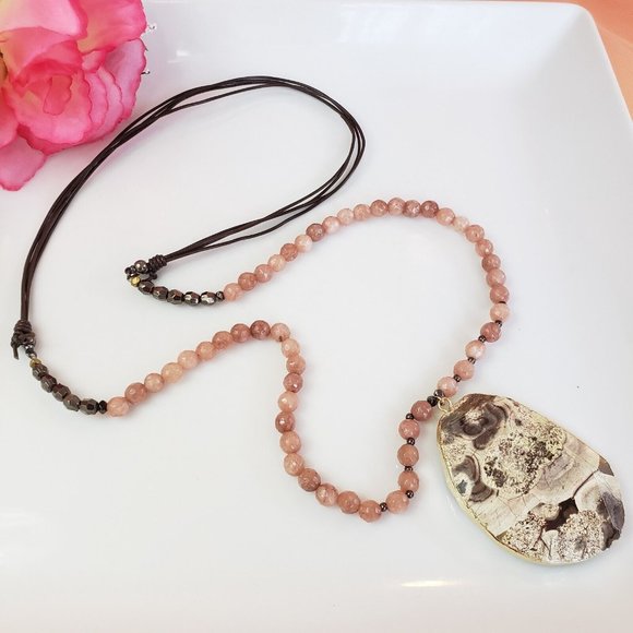 Large Gray & White Jasper Stone Pendant on Brown Cord Necklace Pink Agate Beads - Picture 3 of 12